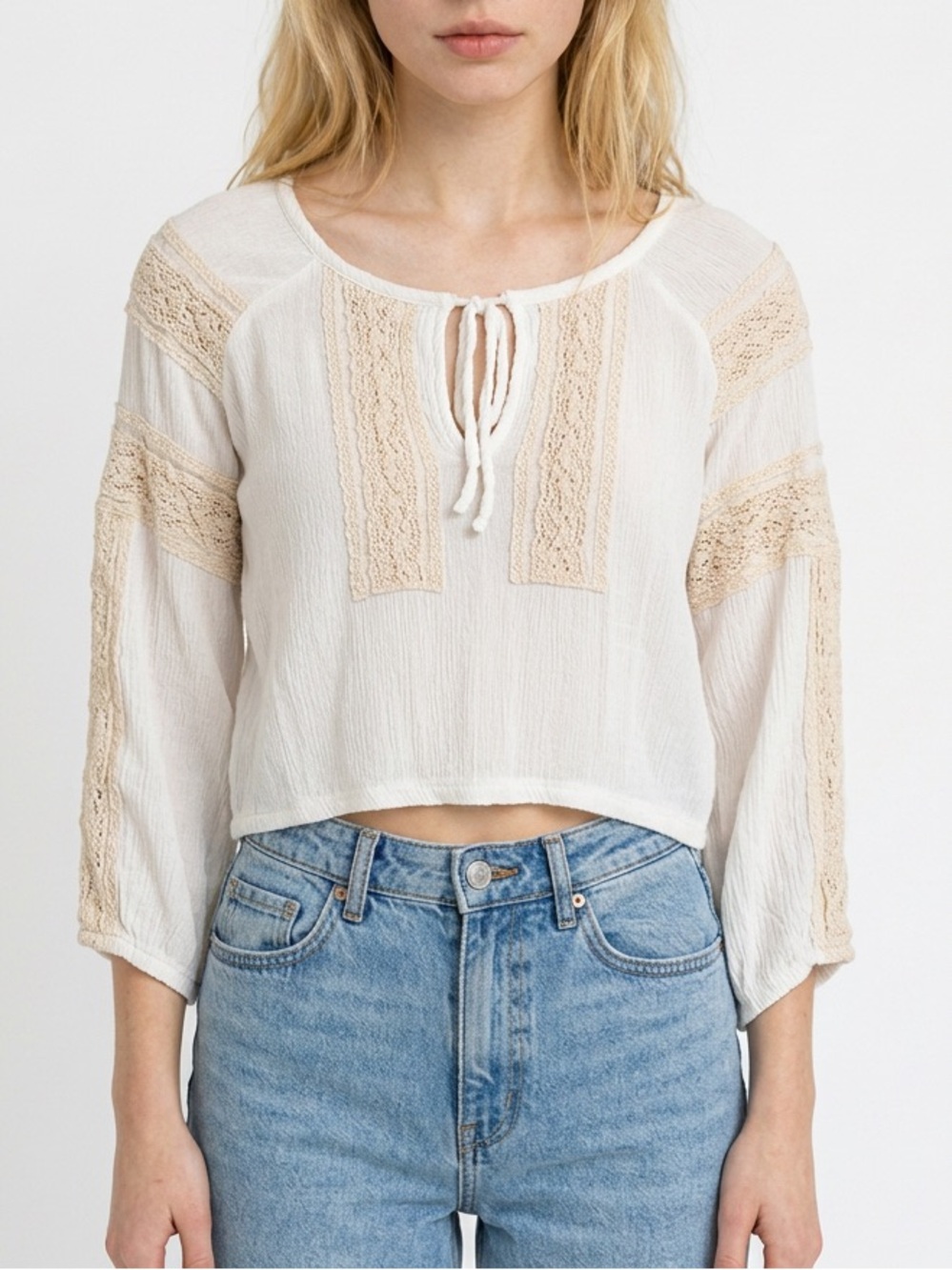 MINKPINK Cream Crochet-Trim Tie Neck Peasant Blouse